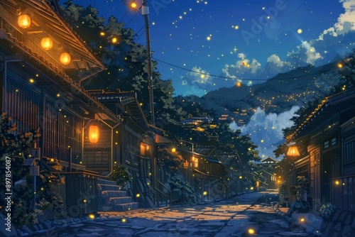 fireflies illuminating a peaceful village, cozy vibe, Generative AI