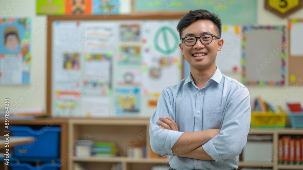 Friendly Southeast Asian Male Teacher Smiling in Classroom, Ideal for Education and Learning Themes, Design for Print, Card, Poster Friendly Southeast Asian Male Teacher Smiling in Classroom, Ideal for Education and Learning Themes, Design for Print, Card, Poster