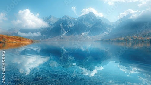 Obraz na płótnie Tranquil lake reflecting distant mountains w salonie
