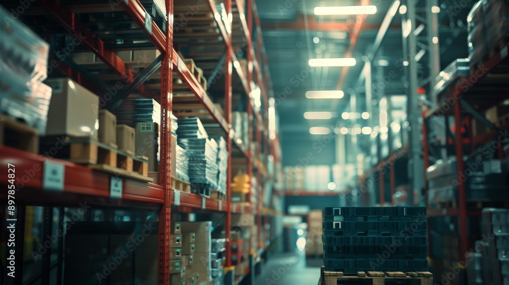 Fototapeta premium Retail warehouse full of shelves with boxed merchandise, with pallets and forklifts