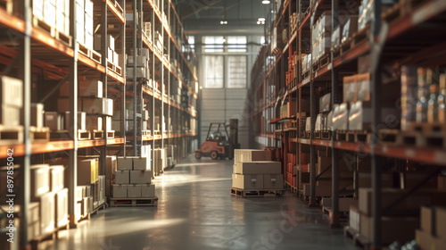 Retail warehouse full of shelves with boxed merchandise, with pallets and forklifts