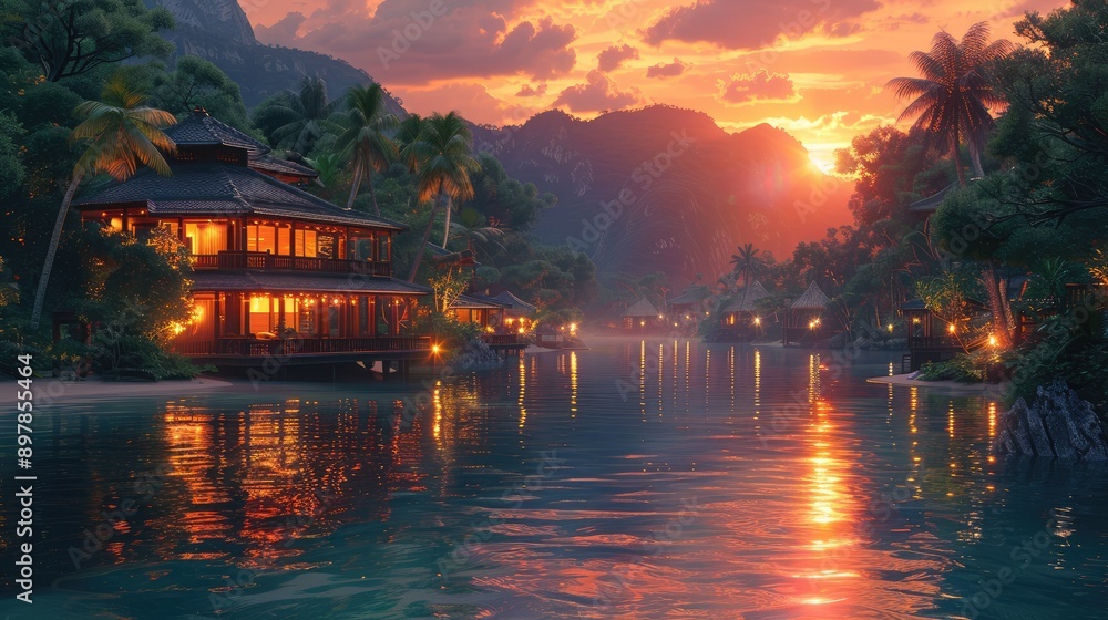 Tropical paradise with an evening glow