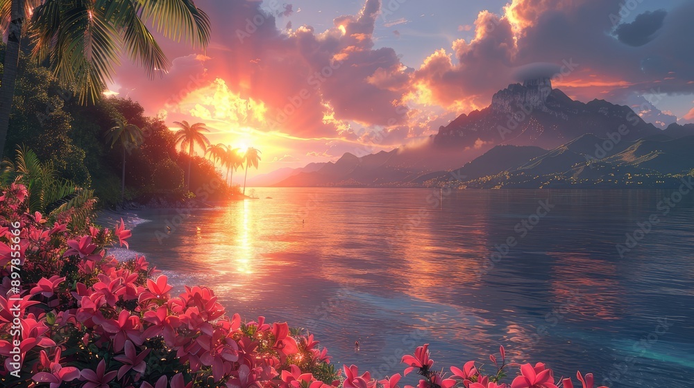 Tropical paradise with an evening glow