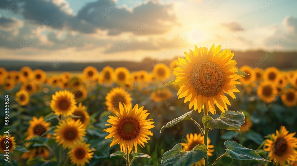 Vibrant sunflower field under a bright sun