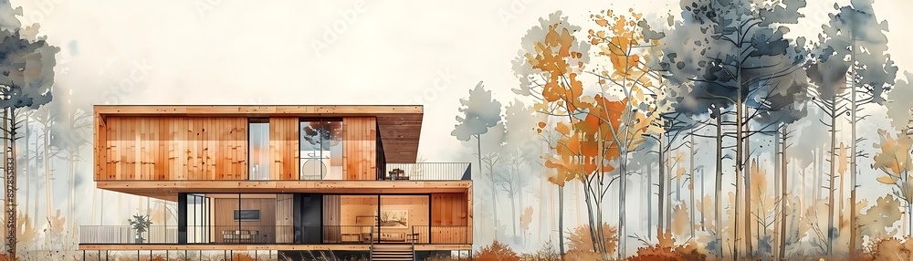 Modern wooden house surrounded by autumn trees, showcasing minimalist architecture and serene nature in a harmonious setting. Modern wooden house surrounded by autumn trees, showcasing minimalist architecture and serene nature in a harmonious setting.