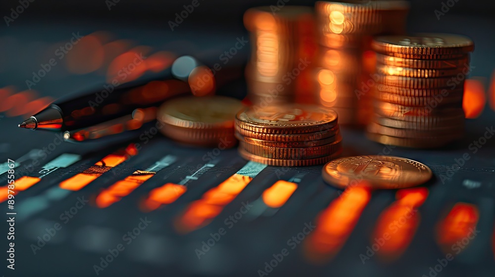 Economy and finance background with money coins , pen and stocks market graphs in blurry backdrop Economy and finance background with money coins , pen and stocks market graphs in blurry backdrop