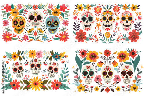 Day of the dead colorful design with floral background, Decorated skulls with colorful flowers, Skull surrounded by colorful flowers, Colorful skull with flowers surrounding, , Vector illustrations 