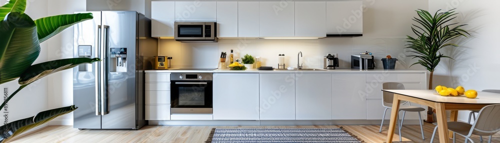 Modern kitchen with minimal decor, white cabinets, and stainless steel appliances, emphasizing a clean and organized lifestyle, with copy space for text Modern kitchen with minimal decor, white cabinets, and stainless steel appliances, emphasizing a clean and organized lifestyle, with copy space for text