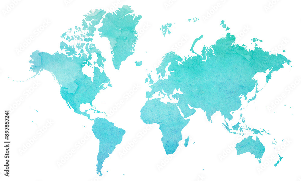 Fototapeta premium 水彩風のスタンダードな世界地図のシルエットイラスト 