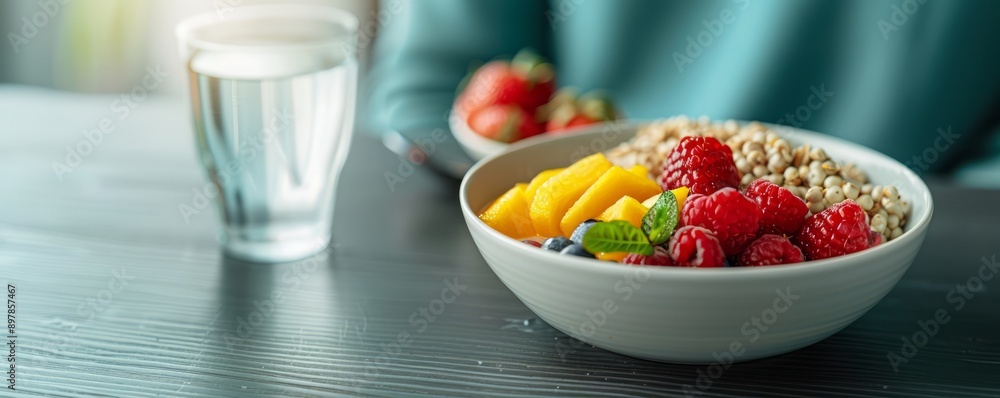 Person enjoying a minimalist breakfast with a simple bowl of fruit and a glass of water, highlighting a clean and healthy lifestyle, with copy space for text Person enjoying a minimalist breakfast with a simple bowl of fruit and a glass of water, highlighting a clean and healthy lifestyle, with copy space for text