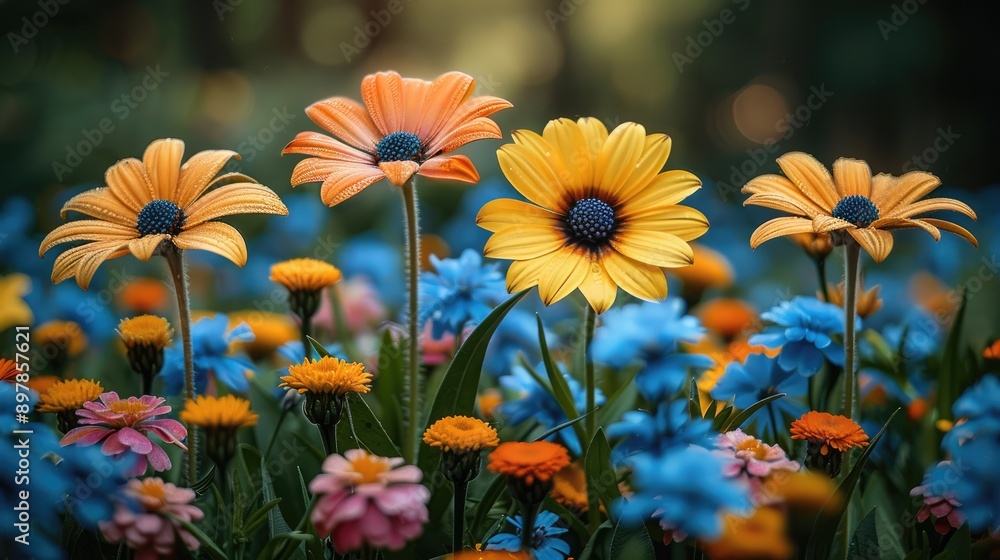 Blurry garden with colorful flowers