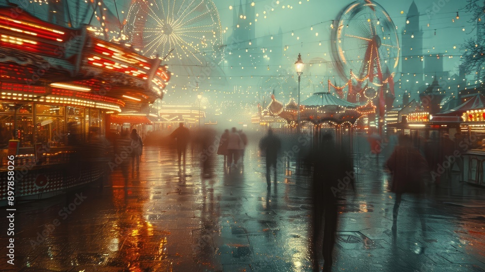 Blurry nighttime carnival scene