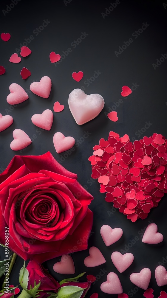 Close up Red and pink roses, love hearts for Valentine's Day, wedding day, or wedding invitation cards, set on an isolated black background, ideal for backgrounds or wallpapers Close up Red and pink roses, love hearts for Valentine's Day, wedding day, or wedding invitation cards, set on an isolated black background, ideal for backgrounds or wallpapers