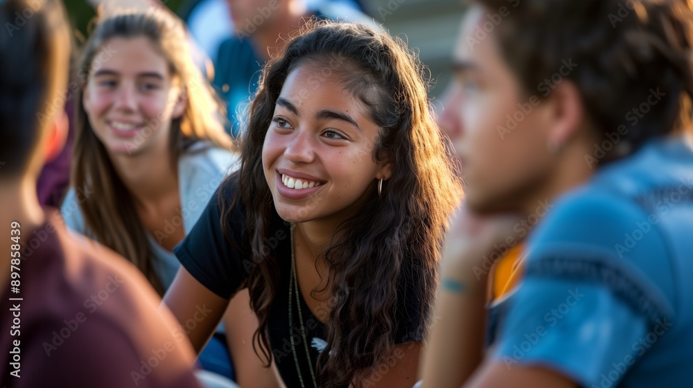 A group of happy students enjoying a relaxed conversation outdoors, emphasizing friendship, social interaction, and youthful energy. A group of happy students enjoying a relaxed conversation outdoors, emphasizing friendship, social interaction, and youthful energy.