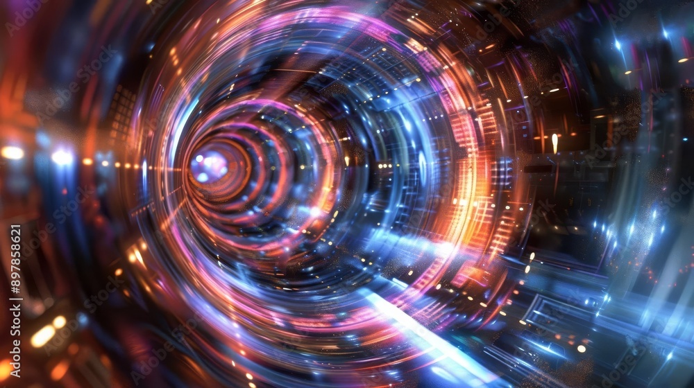 Futuristic digital tunnel with vibrant lights and abstract patterns, depicting high-speed technology and advanced data transmission. Futuristic digital tunnel with vibrant lights and abstract patterns, depicting high-speed technology and advanced data transmission.