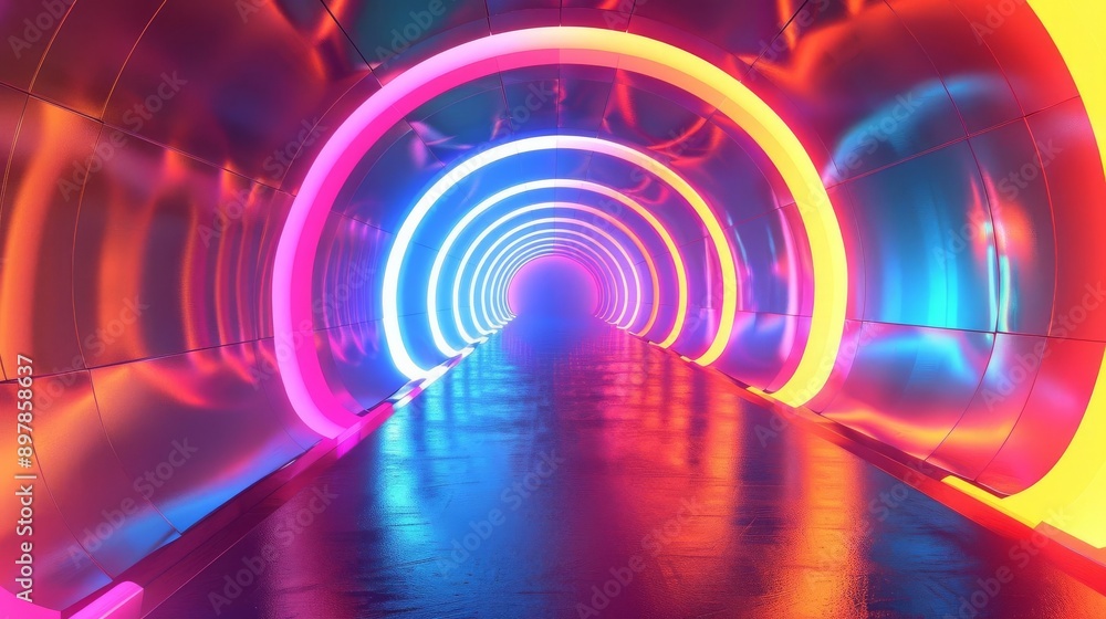 Futuristic neon tunnel with vibrant glowing rings in blue, pink, and orange, creating a mesmerizing, colorful passageway experience. Futuristic neon tunnel with vibrant glowing rings in blue, pink, and orange, creating a mesmerizing, colorful passageway experience.