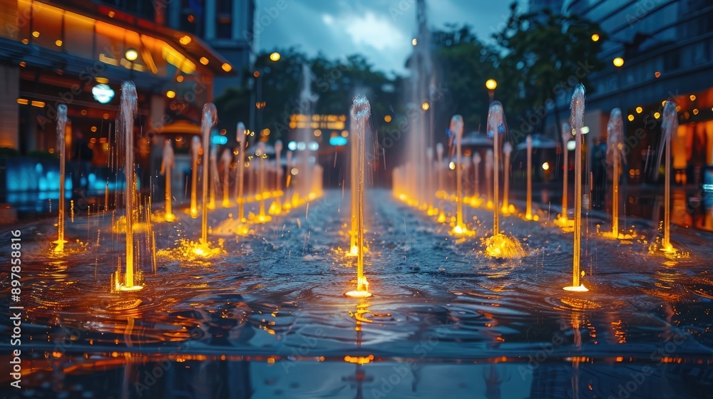 Blurry urban plaza with fountains