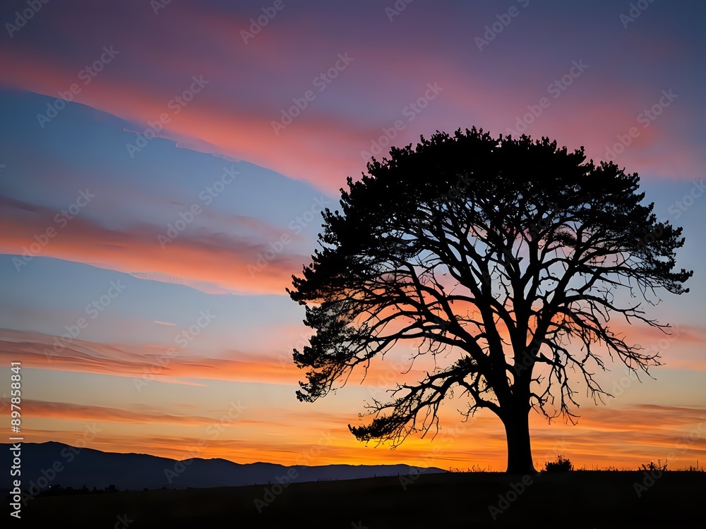 A serene silhouette of a lone tree against a colorful sunset sky A serene silhouette of a lone tree against a colorful sunset sky