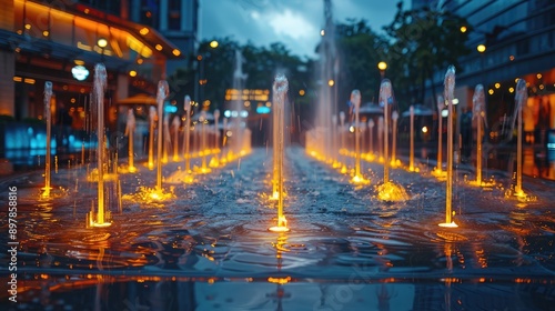 Obraz na płótnie Blurry urban plaza with fountains w salonie
