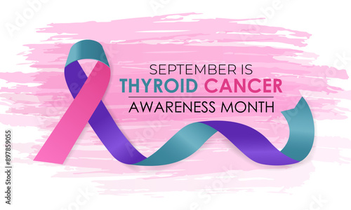 Vector illustration of Thyroid cancer awareness month is september. Promoting Thyroid Health and Wellness awareness Calligraphy Realistic Teal Ribbon.Banner poster design.