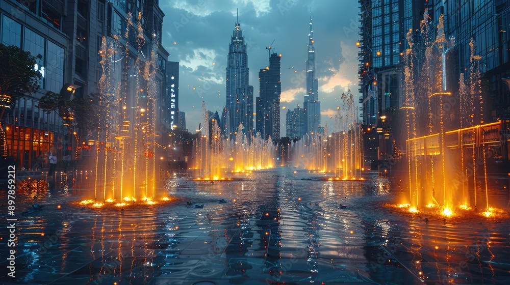 Blurry urban plaza with fountains
