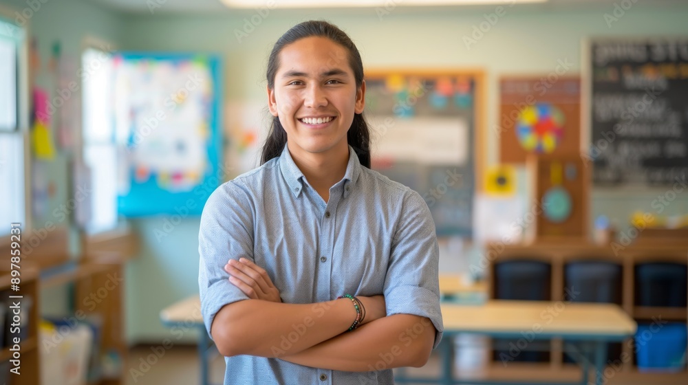 Fototapeta premium Native American Instructor Standing Confidently in Classroom, Education, Diversity, Teaching Role