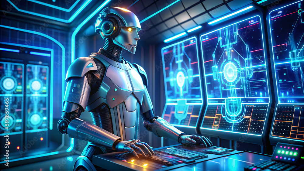 Sleek metallic robot with glowing blue circuits and neon lines on its body operates a futuristic computer console with holographic screens and wires. Sleek metallic robot with glowing blue circuits and neon lines on its body operates a futuristic computer console with holographic screens and wires.