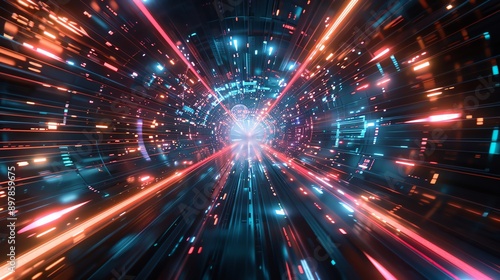 A vibrant digital tunnel bursting with energy, showcasing abstract lights and colors in motion, evoking futuristic themes.