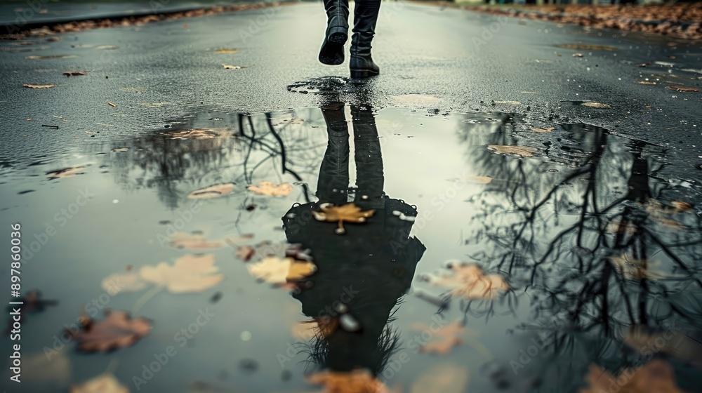 Capture a reflection of a person walking on a wet street after rain.