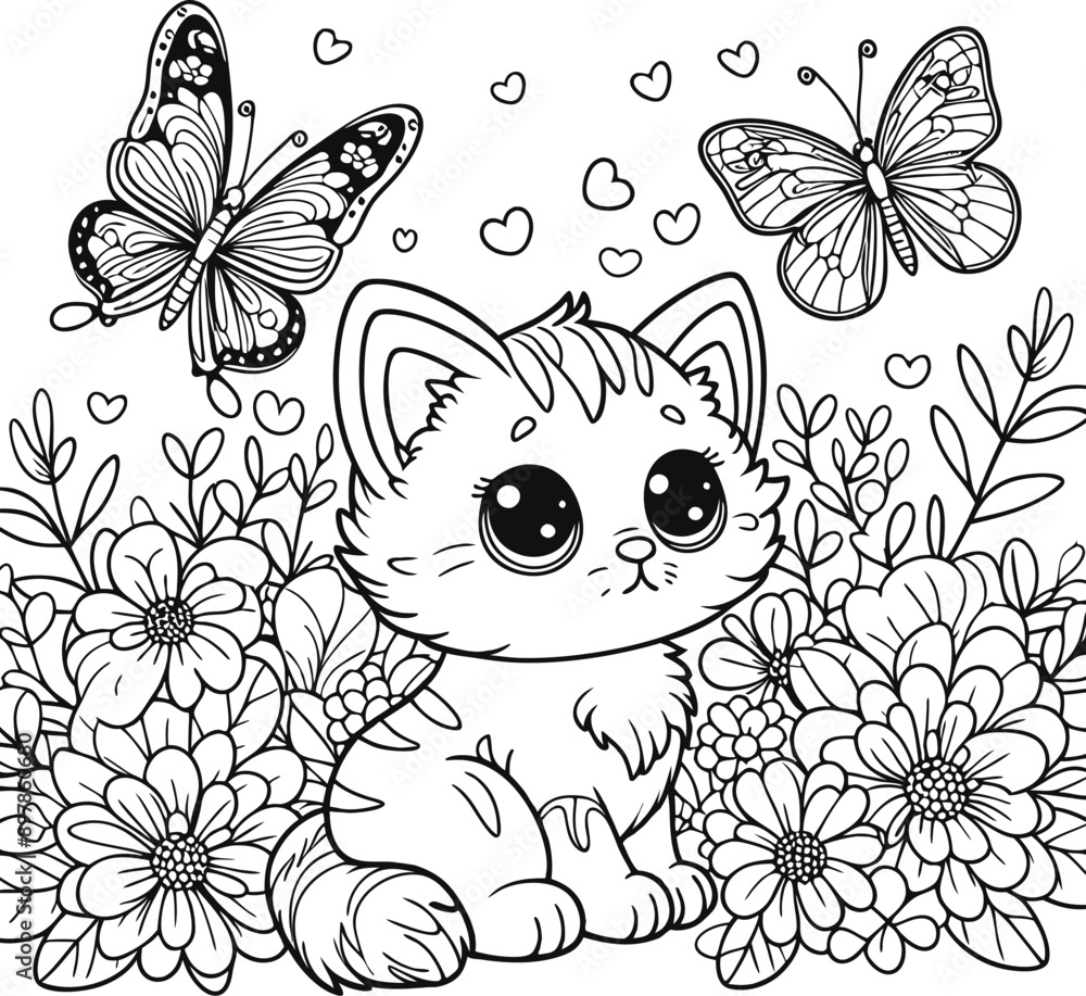 Fototapeta premium Kitty Children's coloring book. Coloring Page Outline Of cartoon little cat on flower clearing. Cute kitten with butterfly. Studying laptop in kitty.