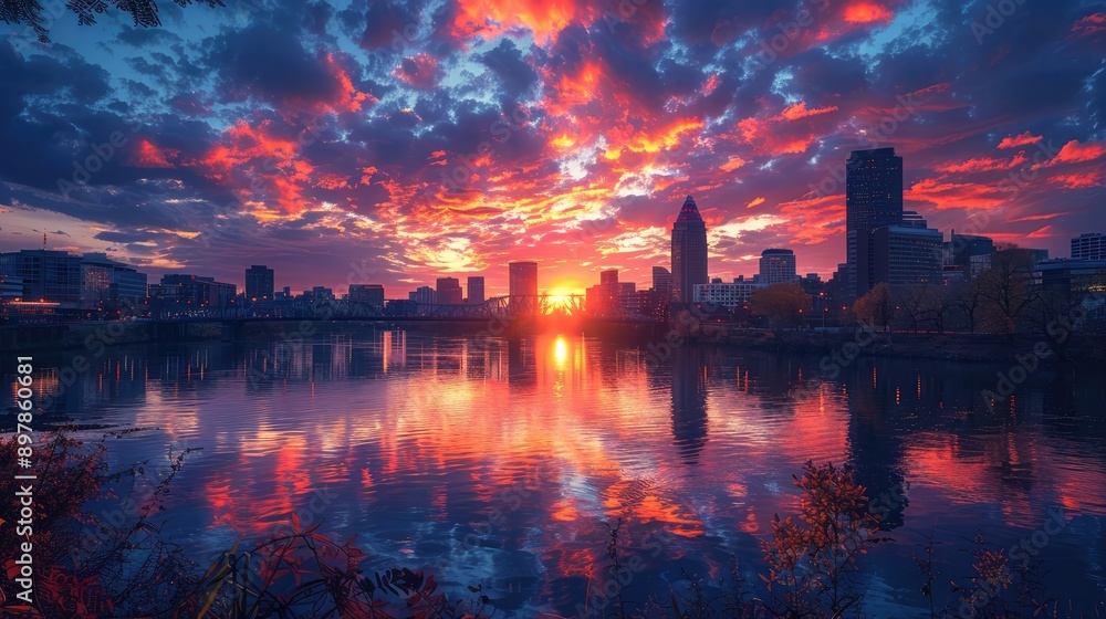 Capture the city skyline reflected in a calm river at dusk.