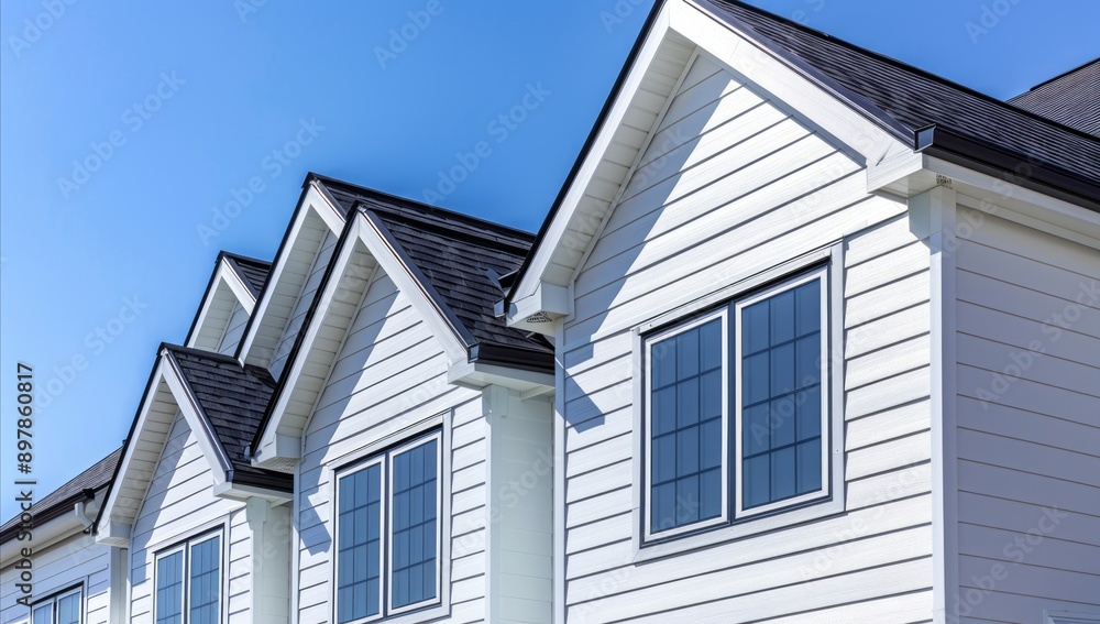 The gable roof on an American suburban home. Architecture home. roof with window. blue sky. daytime. anthropic style. Generative AI. The gable roof on an American suburban home. Architecture home. roof with window. blue sky. daytime. anthropic style. Generative AI.