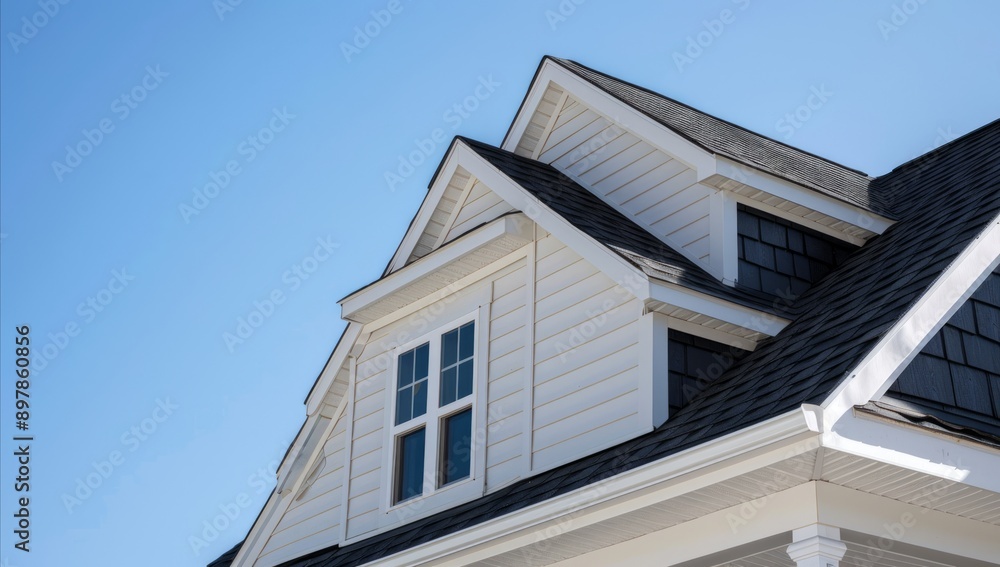 The gable roof on an American suburban home. Architecture home. roof with window. blue sky. daytime. anthropic style. Generative AI. The gable roof on an American suburban home. Architecture home. roof with window. blue sky. daytime. anthropic style. Generative AI.