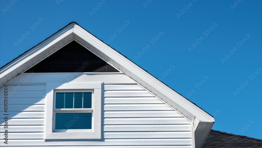 The gable roof on an American suburban home. Architecture home. roof with window. blue sky. daytime. anthropic style. Generative AI. The gable roof on an American suburban home. Architecture home. roof with window. blue sky. daytime. anthropic style. Generative AI.