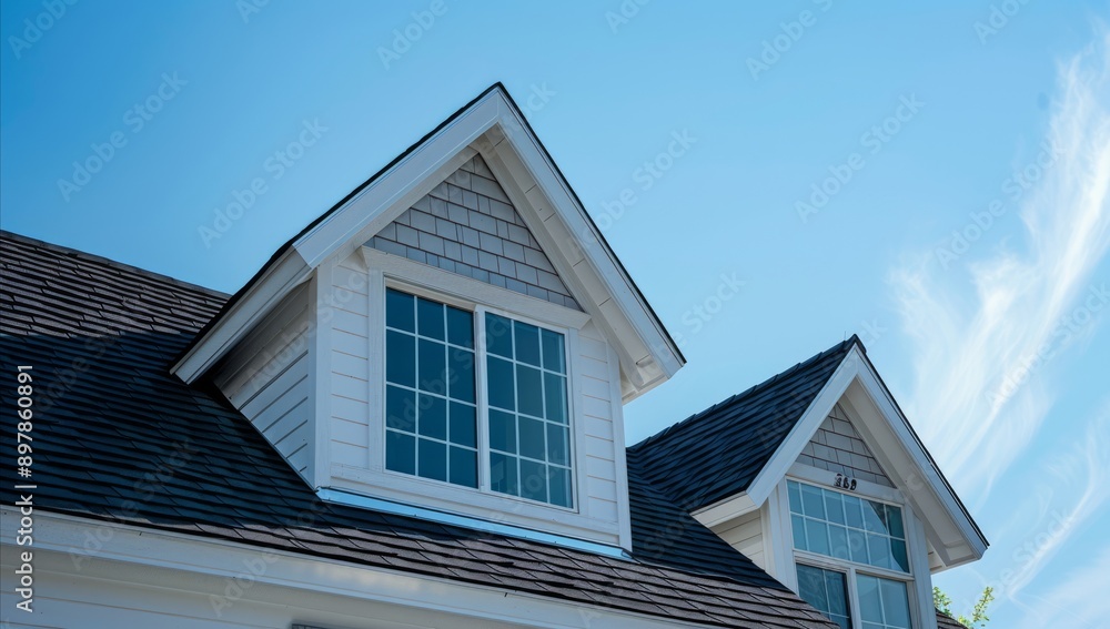 The gable roof on an American suburban home. Architecture home. roof with window. blue sky. daytime. anthropic style. Generative AI. The gable roof on an American suburban home. Architecture home. roof with window. blue sky. daytime. anthropic style. Generative AI.