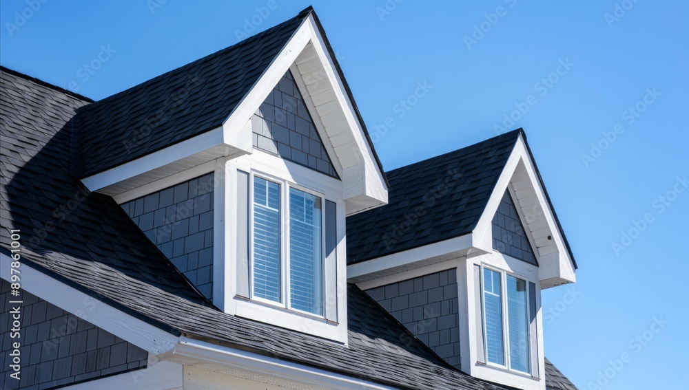 The gable roof on an American suburban home. Architecture home. roof with window. blue sky. daytime. anthropic style. Generative AI. The gable roof on an American suburban home. Architecture home. roof with window. blue sky. daytime. anthropic style. Generative AI.
