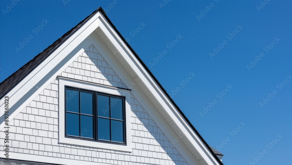 The gable roof on an American suburban home. Architecture home. roof with window. blue sky. daytime. anthropic style. Generative AI. The gable roof on an American suburban home. Architecture home. roof with window. blue sky. daytime. anthropic style. Generative AI.