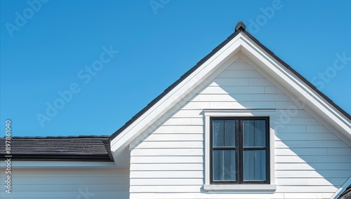 The gable roof on an American suburban home. Architecture home. roof with window. blue sky. daytime. anthropic style. Generative AI.