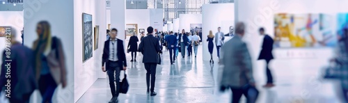 Blurred background of people walking. Exhibition hall. Businesspeople. Dynamic movement. Bokeh effect. Long shot. Generative AI.