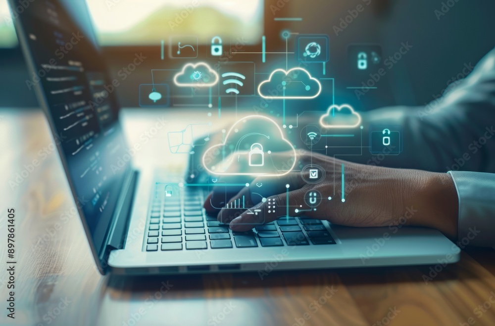 A person typing on their laptop with cloud computing icons. Technology architecture. Futuristic. AI Technology. Virtual storage. Cloud. Generative AI A person typing on their laptop with cloud computing icons. Technology architecture. Futuristic. AI Technology. Virtual storage. Cloud. Generative AI