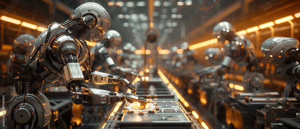 AIpowered factory, robotic assembly line, holographic control systems AIpowered factory, robotic assembly line, holographic control systems