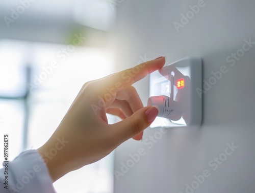 Hand adjusting a thermostat with blank space, home control and energy concept