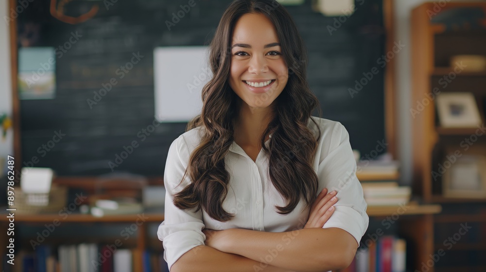 Young Female Teacher with Cheerful Smile in Classroom Setting for Educational Design, Poster, or Print Young Female Teacher with Cheerful Smile in Classroom Setting for Educational Design, Poster, or Print