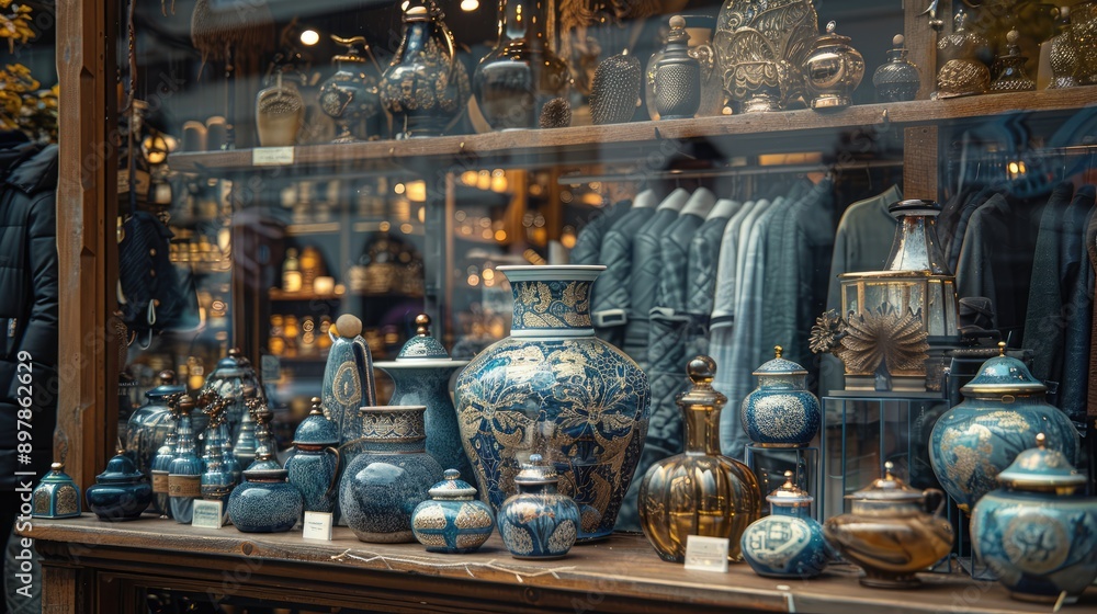 Capture the intricate reflections in a shop window display.