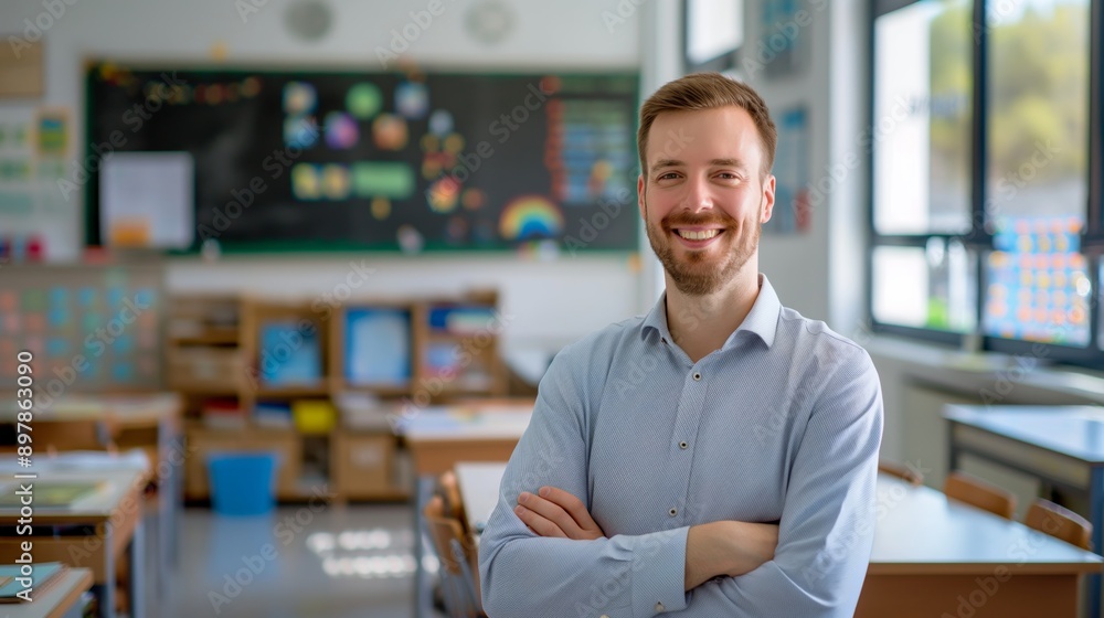 Smiling Young Male Teacher with Western European Features in a Classroom, Education and Learning, Stock Photo Smiling Young Male Teacher with Western European Features in a Classroom, Education and Learning, Stock Photo
