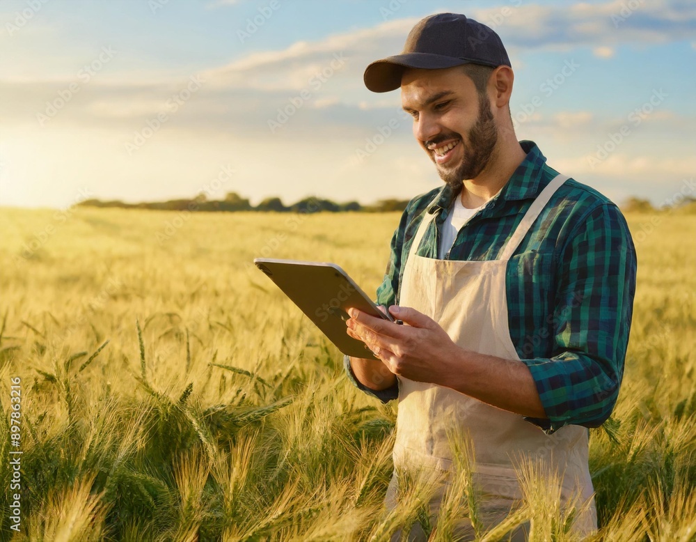 Smart farming using modern technologies in agriculture. Man agronomist farmer with digital tablet computer in wheat. Smart farming, using modern technologies in agriculture. Male agronomist farmer Smart farming using modern technologies in agriculture. Man agronomist farmer with digital tablet computer in wheat. Smart farming, using modern technologies in agriculture. Male agronomist farmer