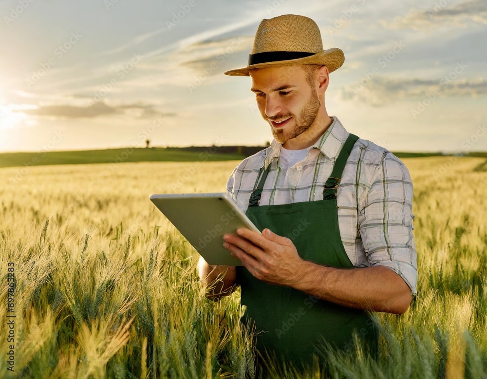 Smart farming using modern technologies in agriculture. Man agronomist farmer with digital tablet computer in wheat. Smart farming, using modern technologies in agriculture. Male agronomist farmer Smart farming using modern technologies in agriculture. Man agronomist farmer with digital tablet computer in wheat. Smart farming, using modern technologies in agriculture. Male agronomist farmer