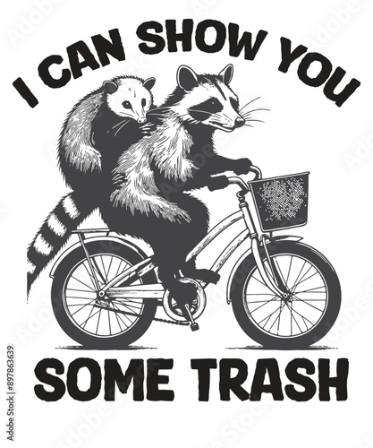 I CAN SHOW YOU SOME TRASH Raccoon and possum riding cycle Raccoon Lovers T-shirt, Trash Panda Shirt, Vintage 90s Gag Shirt, Funny Cute Shirt, Funny Raccoon quote, Raccoon Lovers, Raccoon meme shirt, C