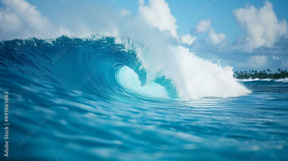 powerful wave crashes dramatically on the shore, capturing the energy and beauty of the ocean. This image symbolizes nature's force, resilience, and the exhilarating spirit of surfing
