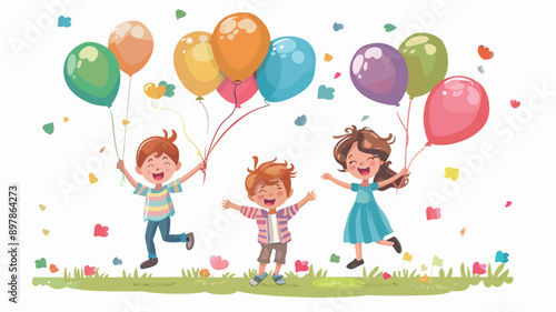 Happy Children Playing with Balloons in the Park Vector Illustration.